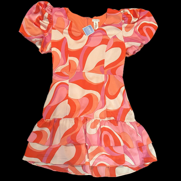 Retro Groovy 70s Spring Fun Dress Puff Sleeves Flounce Tiered Ruffle Size Large
